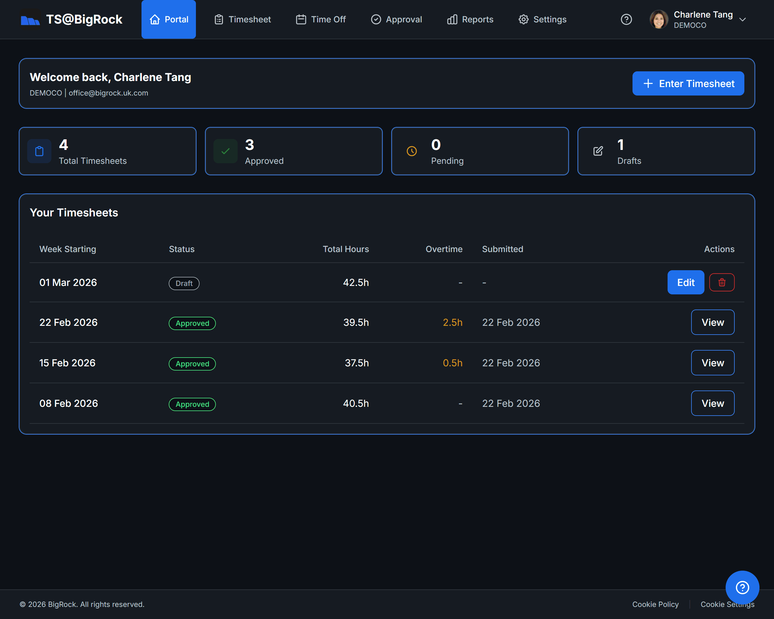 Portal — Your personal dashboard with timesheet stats and quick actions